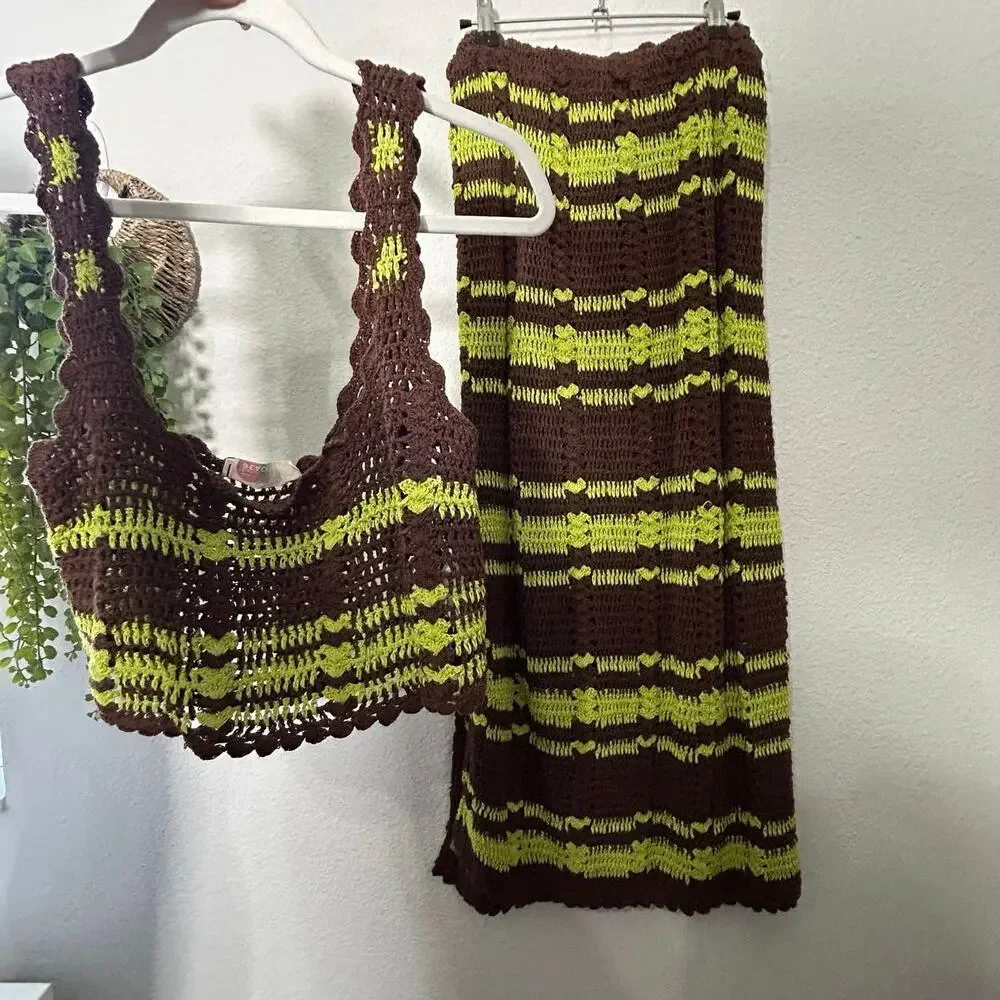 NEW Free People Donni Sweater Set Natural Brown Green Size Small Y2K Retro Boho